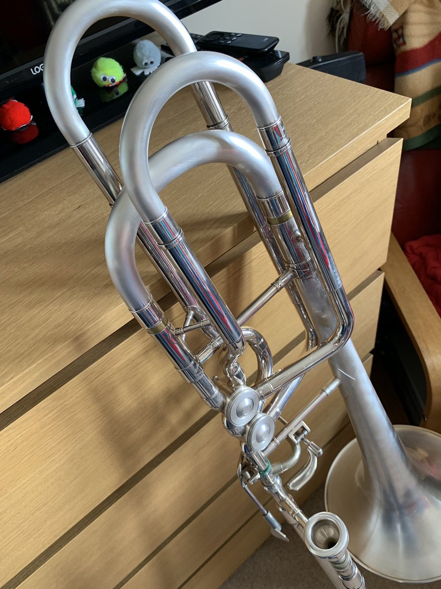 jrpippen's tweet photo. Spot of trombone customisation. How about some brush polishing on the #conn #62H #basstrombone looks great in silver but now I don’t look like I’m in the Royal Marines Band! #trombone #custombrass #customtrombone #conntrombone #brassband #topbanding https://t.co/n6CP8SioJs