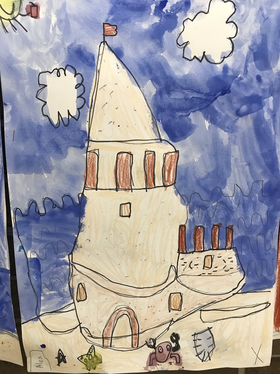 kyjoha07's tweet photo. Kindergarten and AK friends created these watercolor sandcastles. The projects were inspired by the book The Sandcastle Contest by Robert Munsch. @CRCoolidgeElem @CRSCHOOLS https://t.co/wt7nVbhILa