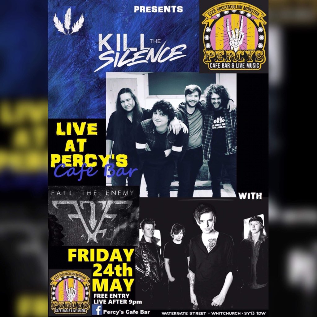 Fail The Enemy (@failtheenemy) on Twitter photo 💀Whitchurch💀
We return to one of the coolest venues around, Percy’s cafe bar this Friday 24/05 with our good mates <a href="/KillTheSilence/">Kill The Silence</a> 🔥
Gonna be one hell of night and... it’s FREE! So make sure you don’t miss it! 😈 #failtheenemy #killthesilence #gig #whitchurch #metal 💀Whitchurch💀
We return to one of the coolest venues around, Percy’s cafe bar this Friday 24/05 with our good mates <a href="/KillTheSilence/">Kill The Silence</a> 🔥
Gonna be one hell of night and... it’s FREE! So make sure you don’t miss it! 😈 #failtheenemy #killthesilence #gig #whitchurch #metal