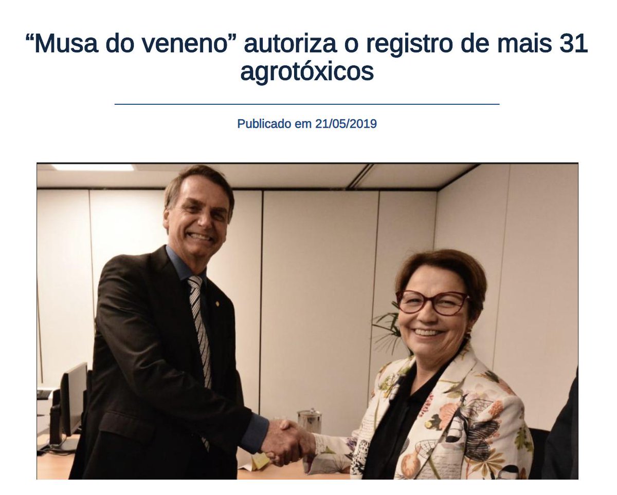Essa mulher nojenta é conhecida como "Musa do Veneno", a Ministra da Agricultura do Bolsonaro faz TUDO pela Bancada Ruralista, cedendo a todos os interesses econômicos, mesmo q signifique envenenar os animais e o povo.Tudo com aval do Presidente.É isso q vc defende?