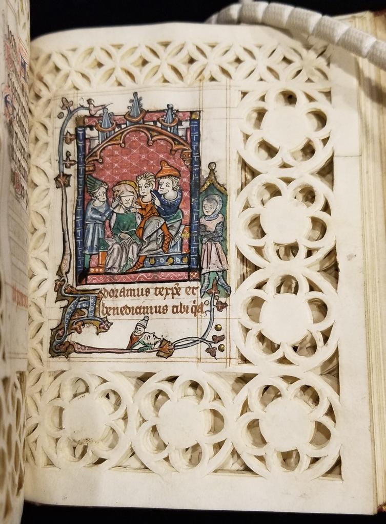 MedievalMss's tweet photo. Here's an unusual 14th c. French manuscript (W.93) with margins cut like lace! Known as canivet, this method is often associated with much later periods, but this text/image layout suggests maybe the margins were planned this way. Anyone know of contemporary examples? https://t.co/OHAT0HAPYJ