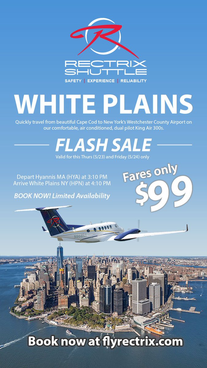 rectrixaero's tweet image. Need a ride to New York this weekend?

We've got you covered!

Fares available starting at $99 this Thursday and Friday ONLY!

*Fare applicable from Hyannis to White Plains*

Book now at flyrectrix.com