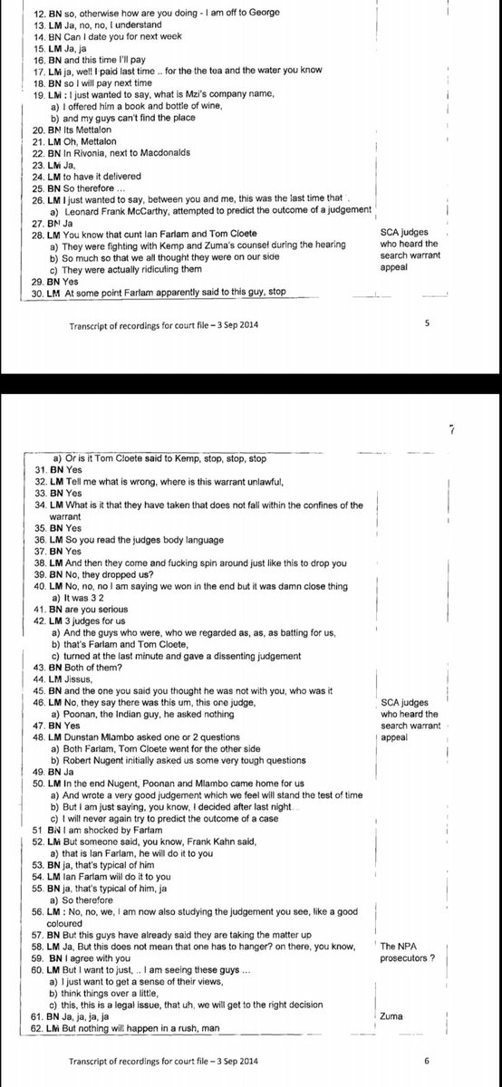CoruscaKhaya's tweet photo. Finally got my hands on the famous spy tapes transcript.

159 weird pages.

BN - Bulelani Ngcuka.

LM - Leonard McCarthy.

McCarthy refers to judges as cunts🤔

Farlam chaired the Marikana Commission.

Nugent chaired the SARS Commission.

Mlambo is the current GP Judge President. https://t.co/vUtNxdzDhC