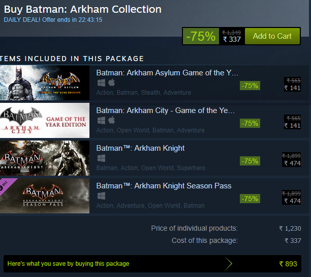 ReelsTechnology's tweet photo. Steam Sale - Get Batman: Arkham Collection for Rs 337 
#Steam #Batman @steam_games @BatmanArkham 
Offer ends in 22 hrs https://t.co/z2HSfA6KWd