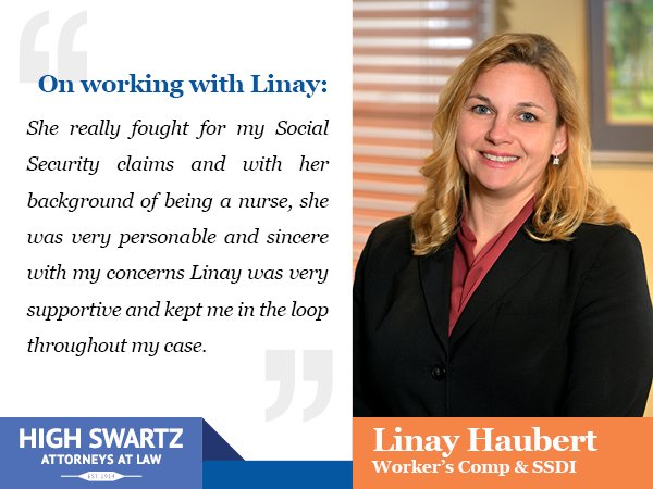 HighSwartz's tweet photo. With 15 years of experience as a registered nurse, High Swartz Attorney Linay Haubert brings a unique perspective that is especially beneficial in handling medically complex workers’ compensation and SSDI cases. https://t.co/FHm2s8vjbu #attorney #attorneymom https://t.co/c1k8tQAOrT