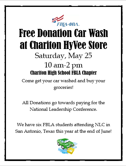CHSFBLA196's tweet photo. Car wash on Saturday at Chariton HyVee.  Come support NLC attendees! https://t.co/Y7OTkKhjBS