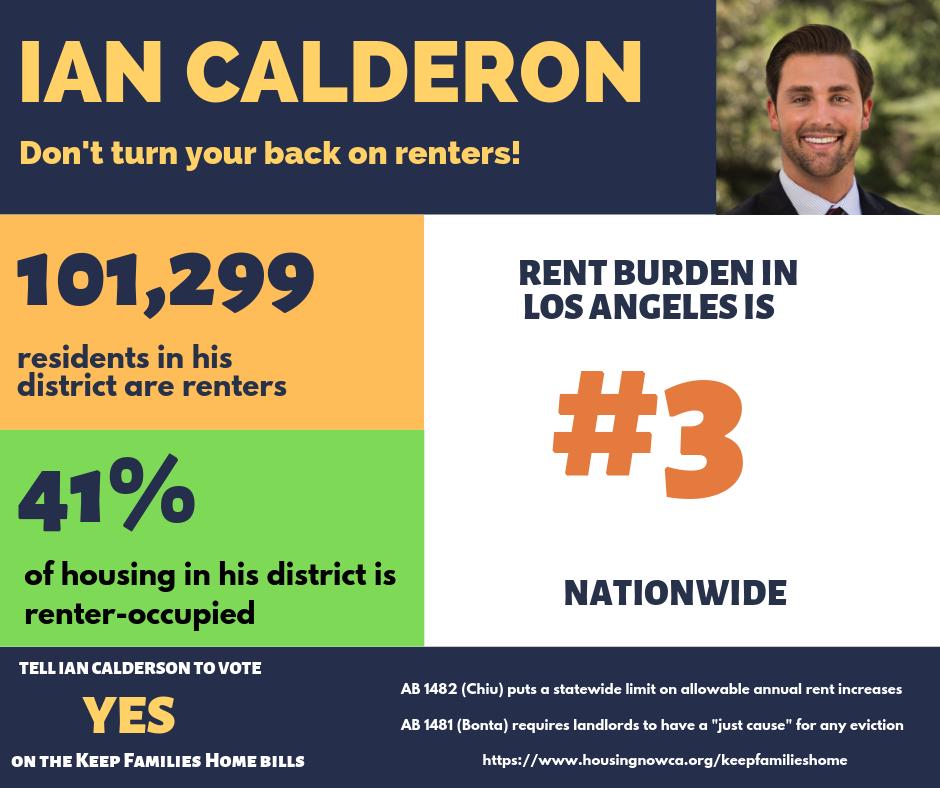41% PERCENT of <a href="/IanCalderon/">Ian Calderon</a> constituents are renters and they’re being SLAMMED with some of the highest rents in the country. We demand that he vote YES on #AB1481 and #AB1482 which are the most important renter protection bills we’ve seen in decades #KeepFamiliesHome