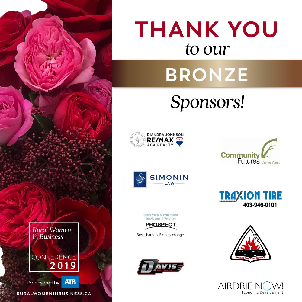 CrossfieldCham's tweet photo. Thank You to our Bronze Sponsors!! #rwibcon2019
Diandra Johnson REMAX ACA Realty
@CFCentralAB (Community Futures Centre West)
Simonin Law
Traxion Tire
Rocky View &amp; Wheatland Employment Services
Rising Sun Tae Kwon-Do
@DavisGMAirdrie 
@AirdrieNOW https://t.co/2i3c0PzPoT