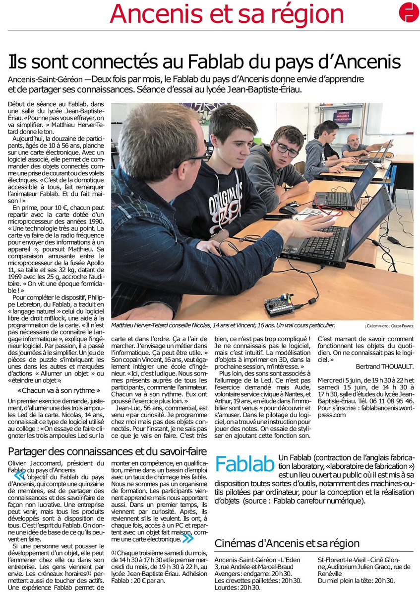 Le journal Ouest-France était au FabLab Pays d'Ancenis ce weekend !

Et VOUS !?! Quand venez vous "PROGRAMMER VOS OBJETS" !!

#Fablab #OuestFrance #Ancenis #Programmez #Arduino #DIY #IoT