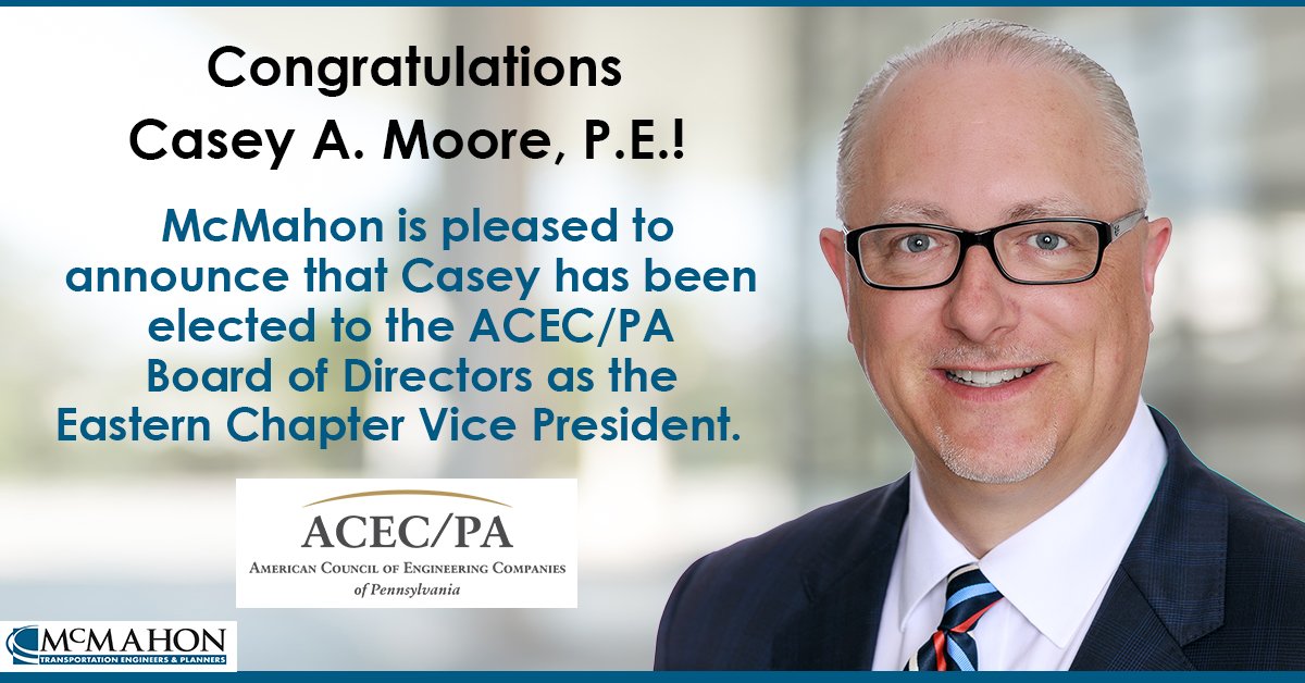 McMahon, a Bowman company (@mcmahonassoc) on Twitter photo We are pleased to announce our own <a href="/calanmoore/">Casey A. Moore</a> has been elected to the <a href="/ACEC_PA/">ACEC of Pennsylvania</a> Board of Directors as Chapter VP of the Eastern Region. Casey has served on the ACEC/PA Membership, Transportation, & Legislative Committees. Congrats Casey! #mcmahonexpert #InvestinYourAssociation We are pleased to announce our own <a href="/calanmoore/">Casey A. Moore</a> has been elected to the <a href="/ACEC_PA/">ACEC of Pennsylvania</a> Board of Directors as Chapter VP of the Eastern Region. Casey has served on the ACEC/PA Membership, Transportation, & Legislative Committees. Congrats Casey! #mcmahonexpert #InvestinYourAssociation