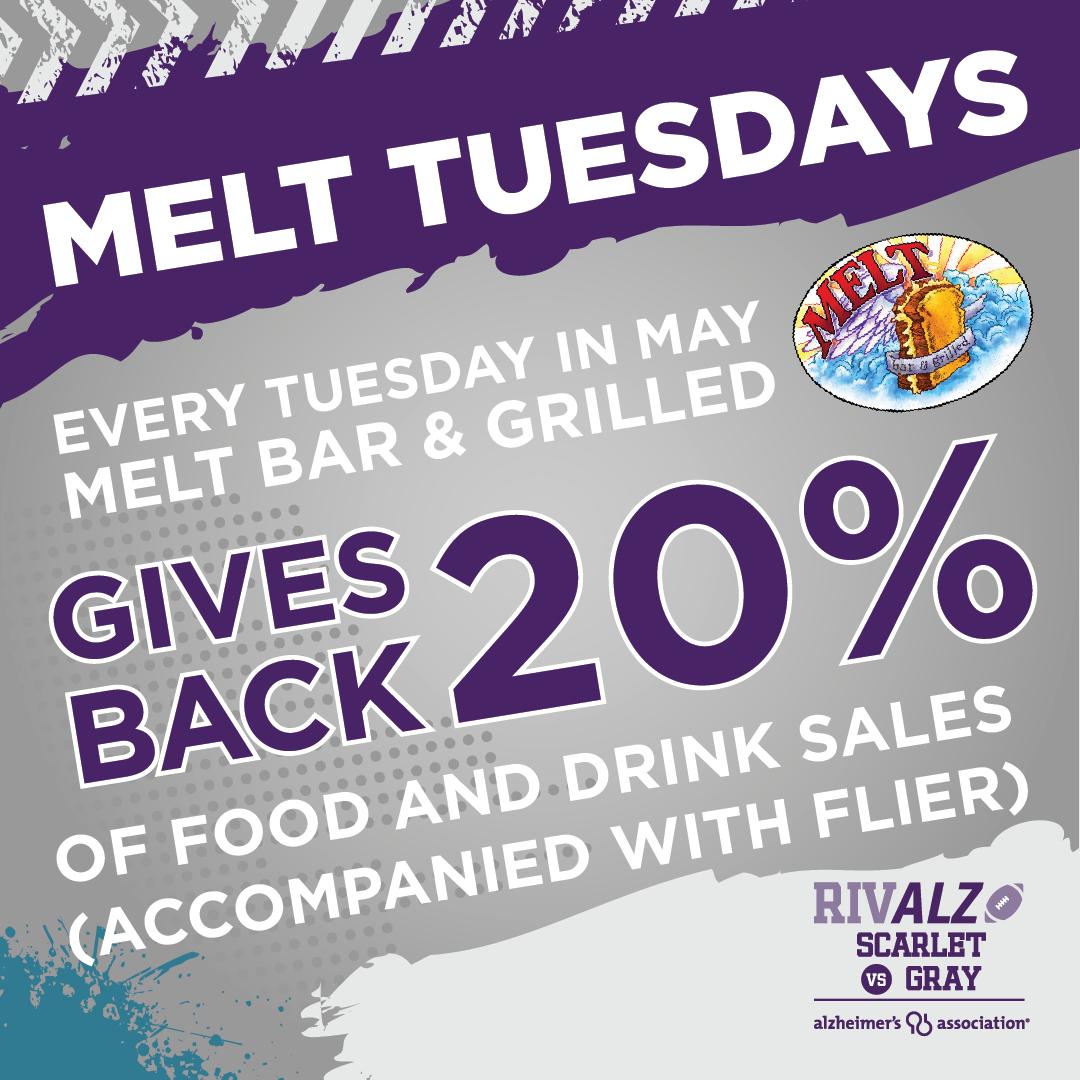 RivALZColumbus's tweet photo. Have you been supporting #RivALZCbus at Melt on Tuesdays? If not, you're missing out on great food and drinks while supporting a great cause! https://t.co/yaZ6MytpCY