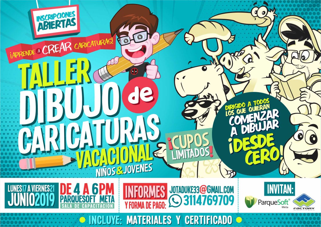 ParquesoftMet's tweet photo. ¡Aprende a crear caricaturas🤗! Lunes 17 y viernes 21 de Junio de 4PM a 6PM en la sala de capacitaciones 🖥️🖱️de ParqueSoft Meta Y Amazorinoquia en la Carrera 28 # 46-47 Barrio la grama se entregarán materiales y certificación 😎 informe o formas de pago al WhatsApp: 3114769709 https://t.co/Fg2r8VQuCK