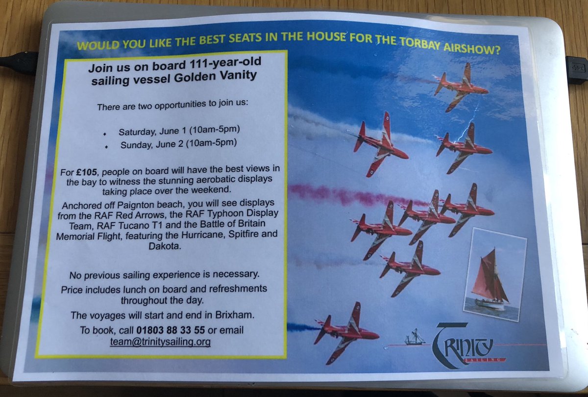 Vixbrix's tweet photo. Oh why not watch the @TorbayAirshow from #GoldenVanity with @BrixhamTrawlers - fab views ! #specialtrips #sailingvessel #redsails https://t.co/nap5WNMNMT