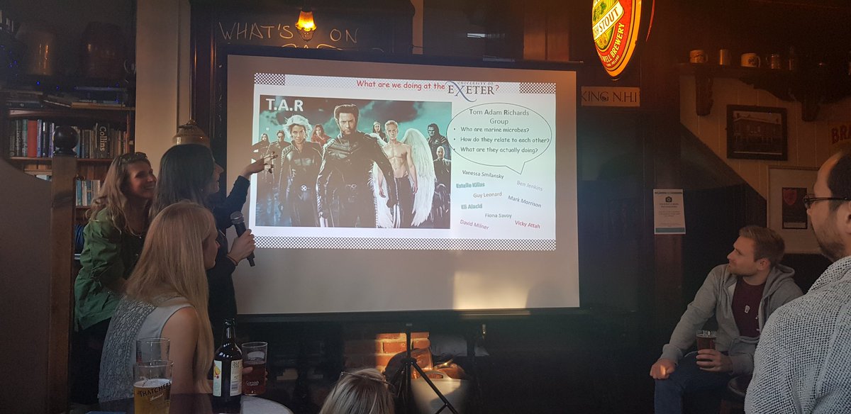 lumpyjenny's tweet photo. In awe of these #womenInSTEM! They have made a complex topic (the interactions of oceanic microbes) accessible and fun! Using #superheroes to explain microbial communities, their mission was to make us care about #microbes in a #changingclimate! Mission accomplished #pint19exeter https://t.co/sWTu4pZGhq