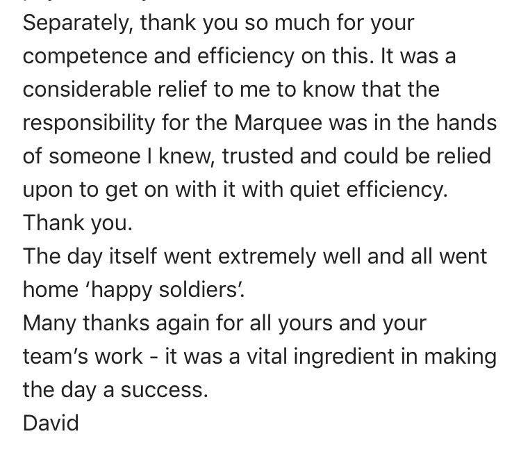 Nice to receive this email after our marquee last week for the Duke of Wellington Regiment ☺️☺️