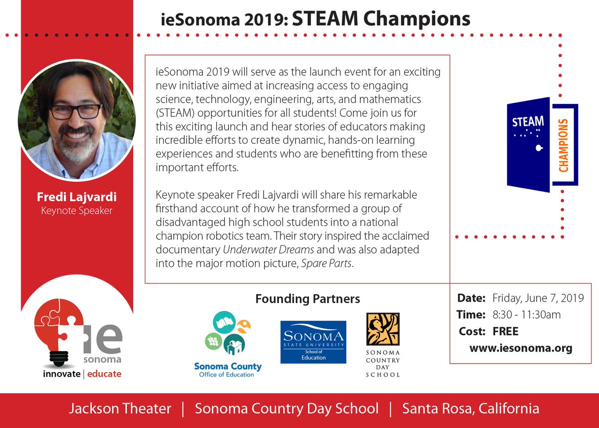 So excited! <a href="/ieSonoma/">ieSonoma</a> Focus: #Inclusion &amp; equal access 4 #STEAM in Edu. Speaker line up CRAY: <a href="/hobywedler/">Dr. Hoby</a> Janet from <a href="/BLDG61/">BLDG 61</a> <a href="/falconmaster/">Falcon | Master of Muppets 🍥</a> <a href="/ryan_kurada/">Ryan Kurada</a> <a href="/SamPatue/">Mister Doctor Patterson</a> + more! So proud to B part of <a href="/SteamChampions/">STEAM Champions</a> launch! Don't miss! #Free #SonomaCounty event  iesonoma.org/2019-event