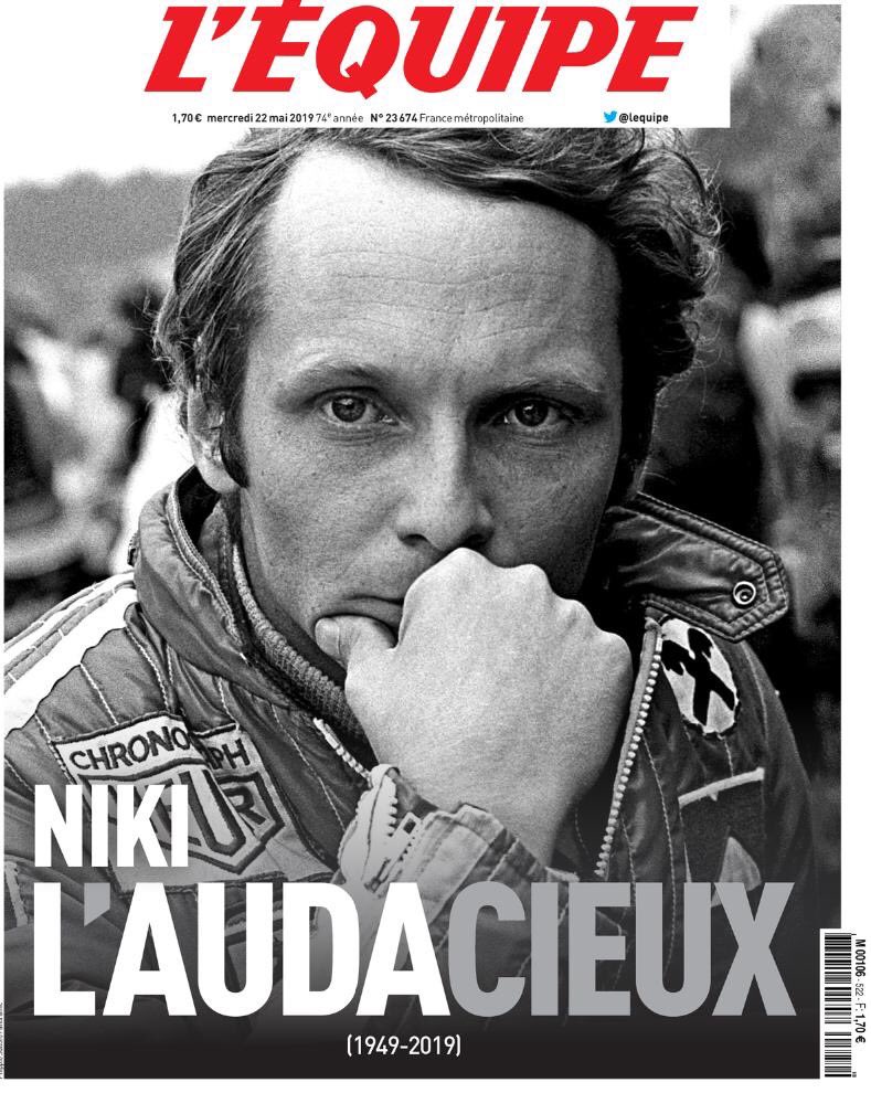 Formula 1 efsanesi Niki Lauda’nın ölümünün ardından yarınki L’Equipe kapağı çok iyi... Niki L’Audacieux (Gözü pek ya da cesur). Ayrıca Cieux kelimesi de gökler ya da tanrı katı anlamına geliyor. #RIPNikiLauda