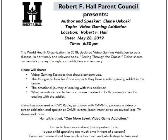 ElaineUskoski's tweet photo. I will be speaking on Video Gaming Addiction next week at Robert F Hall in Caledon. Please join me. #TuesdayMotivation #speaker #videogamingaddiction #MentalHealth https://t.co/qzSHhSrPar