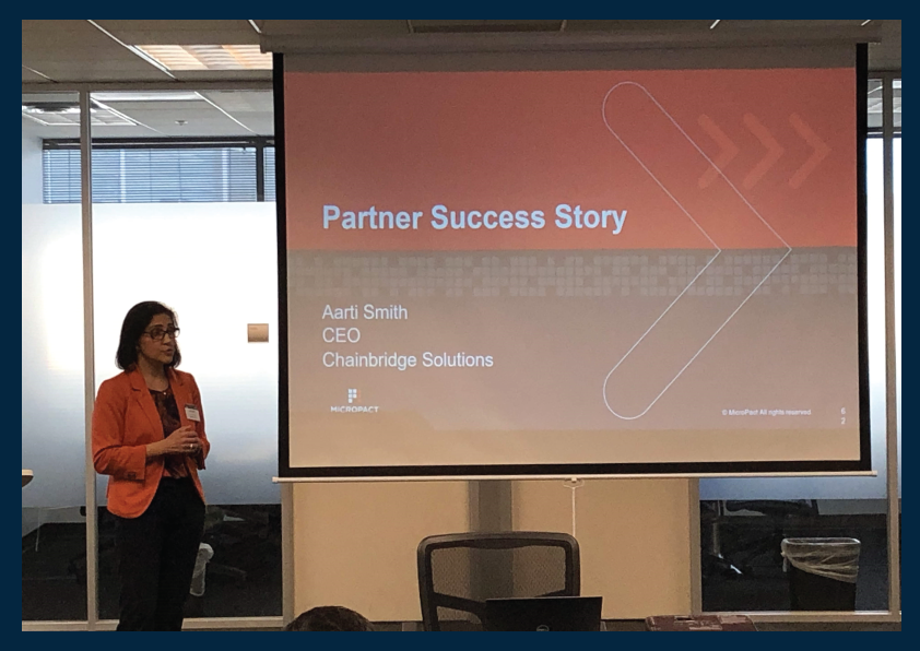 ChainbridgeS's tweet photo. Chainbridge Solutions CEO, Aarti Smith, shared our story of customer success as a guest speaker at the MicroPact Global Alliance event on Thursday, May 16, 2019. 

Read more at:
https://t.co/o1jniCqT3x https://t.co/WUkGizZCwU