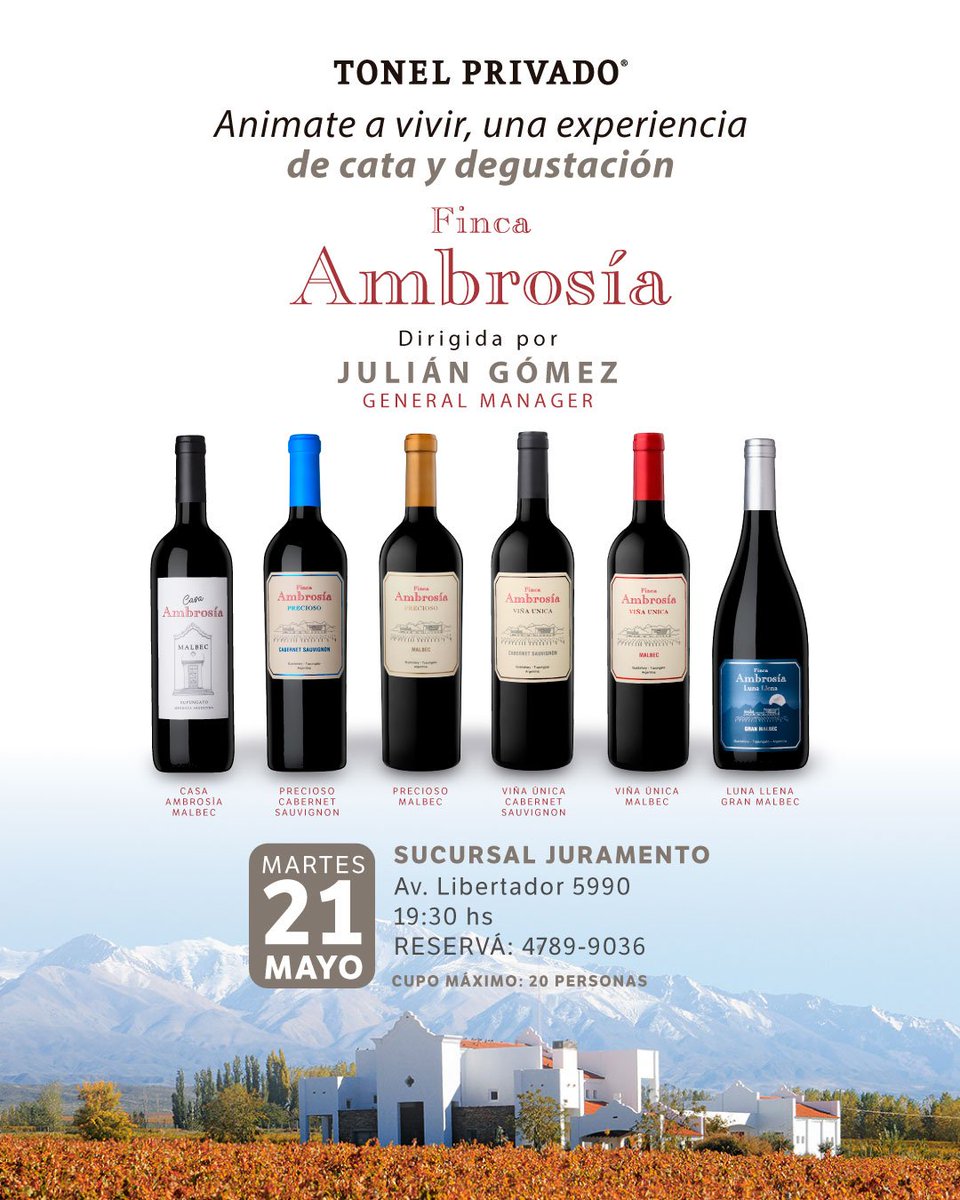 #HOY  Te invitamos a degustar los vinos de <a href="/fincaambrosia/">Finca Ambrosía</a> a las 19:30 hs en nuestra Sucursal de Avenida Libertador 5990. 

👉 ¡¡La degustación es sin costo!! 

Llamanos al 4789-9036 y hacé tu reserva. ¡¡Quedan pocos lugares!!

¡No te quedes afuera!
#fincambrosia #vinos