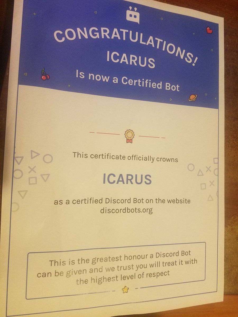IcarusDiscord's tweet photo. We are extremely proud and happy to announce that we are now a Certified Bot on @DiscordBotList !  Thank you ever so much! https://t.co/sfUcaorLsJ
