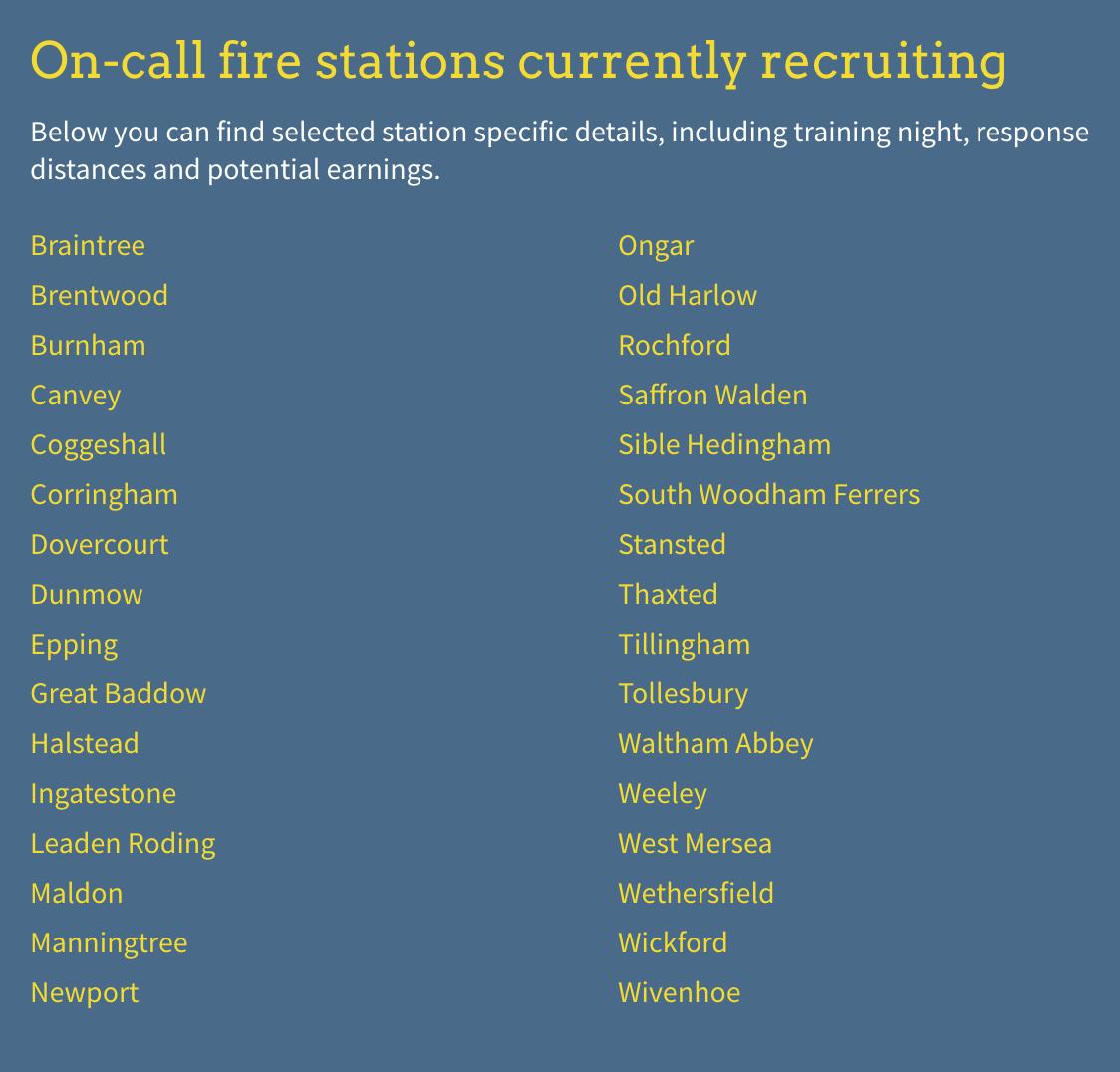 Do you live or work within 5 minutes of any of these fire stations? If you want to support your local community and get paid alongside your day job you could apply to be an on-call firefighter ➡️crowd.in/WAIvJc #JoinEssexFire