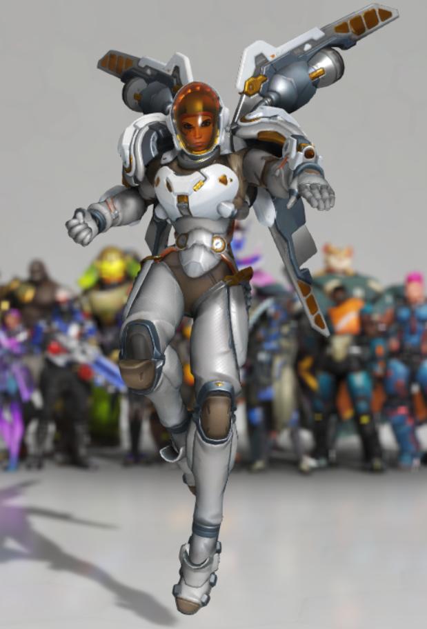 KHazelBlossom's tweet photo. The Pharah skin concept is super neat it looks great with the helmet ON and I love the wings and I love the gun and I LOVE HER https://t.co/jN55TNX8Yb