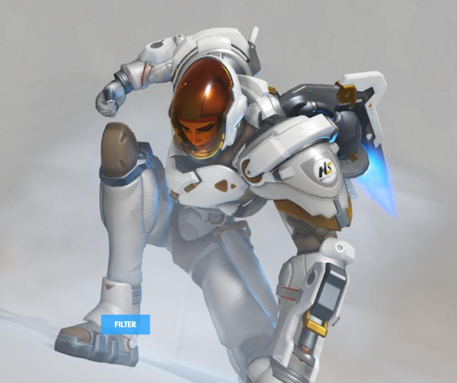 KHazelBlossom's tweet photo. The Pharah skin concept is super neat it looks great with the helmet ON and I love the wings and I love the gun and I LOVE HER https://t.co/jN55TNX8Yb