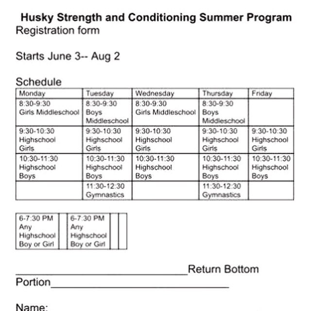 Huskies strength and conditioning schedule! Keep working hard! #offseasongains #huskypride #huskystrong #hardwork #keeptraining #summergains