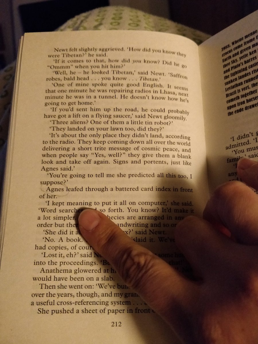 Sreppon's tweet photo. Dear @neilhimself  just enjoying the excellent #GoodOmens and came across a tiny mistake ( I think 🙈) shouldn't it be: "Anathema" instead of "Agnes" in this line? 🤔 (Page 212) It's the newest version: Corgi issue reissued 2019 (next post 👇👇) #justryingtohelp ❤️ https://t.co/zWcWA5H8uR
