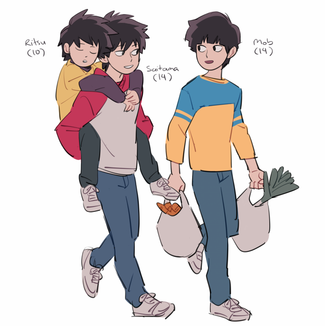 Mob and Saitama twin au. I really like the idea of Saitama being apathetic to most things but having a soft spot for his little brothers. Also Ritsu is younger because their parents needed a break after having two super powered babies. 
