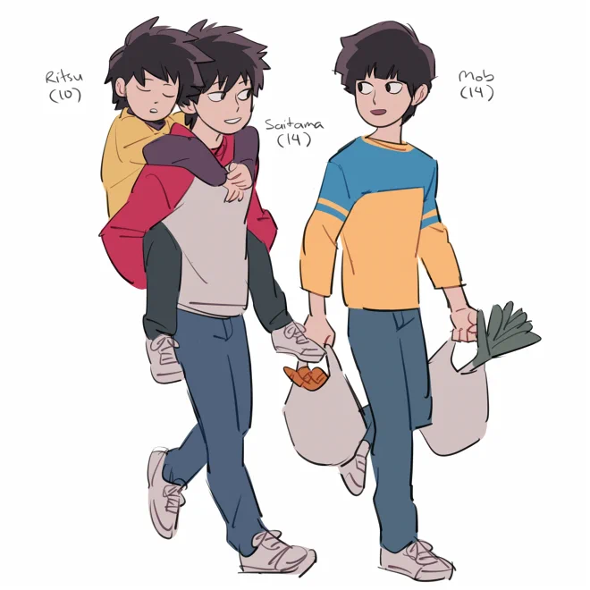 Mob and Saitama twin au. I really like the idea of Saitama being apathetic to most things but having a soft spot for his little brothers. Also Ritsu is younger because their parents needed a break after having two super powered babies. 