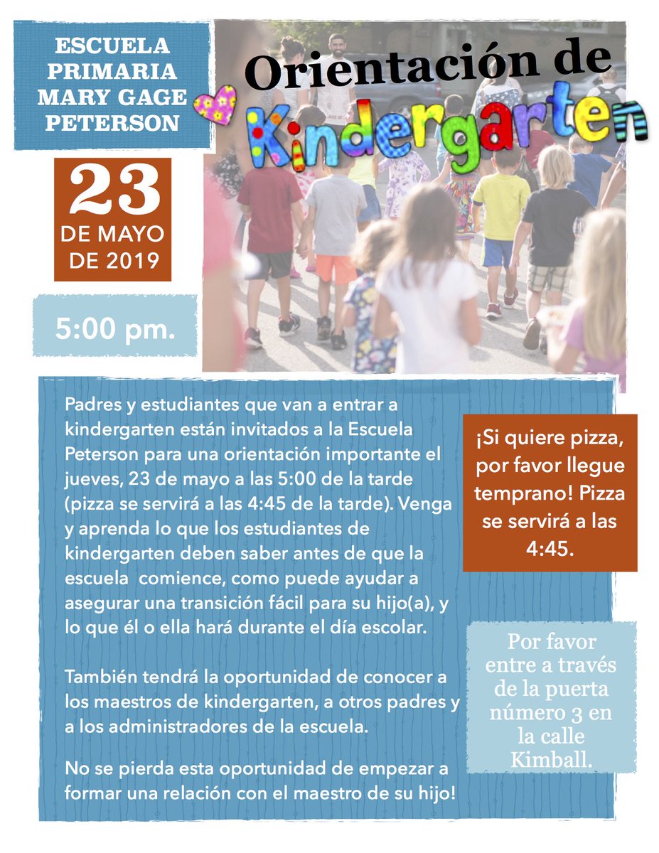MGPPrincipal's tweet photo. Hey Peterson Families of Incoming Kindergarteners!  Kindergarten Orientation will be taking place THIS THURSDAY, May 23, 2109, at 5pm in the Peterson Cafeteria.  Please enter through Door 3 on Kimball.  See you there!  #wearepeterson @ResPalPeterson @MGPetersonAP @ChiPubSchools https://t.co/FjLvdTQ1un