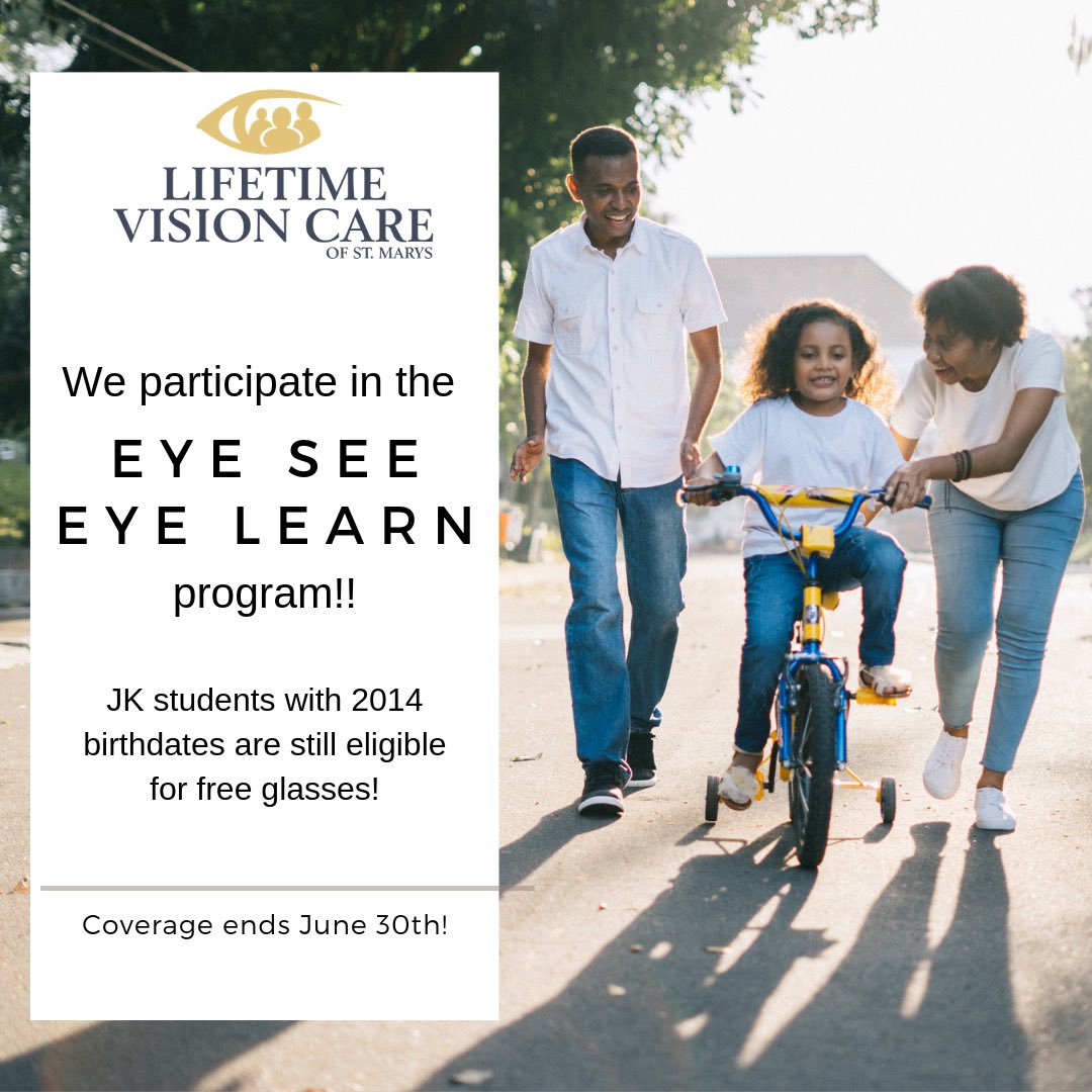 LifetimeStMarys's tweet image. JK students born in 2014 are still eligible for eyeglasses through the Eye See Eye Learn program until June 30th!  Don’t miss your child’s opportunity to get a free pair of prescription glasses at any participating clinic (like ours!). #ESEL #kidsvisionmatters #seeingislearning