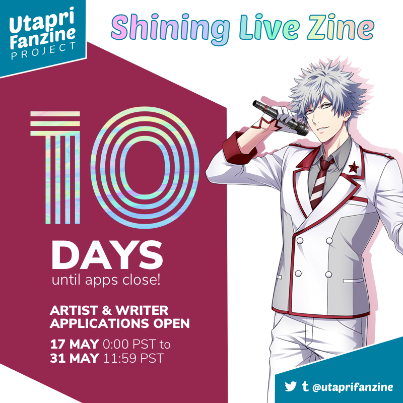 UtapriFanzine's tweet photo. 10 Days Left!
We’re so thankful for everyone who's applied so far!
We’ve received a lot more art applications than writing ones (7:1), but it’s still early days yet. We really encourage everyone to apply!
(special credit/thanks to Vanilla for the countdown graphics!) #SLzine https://t.co/8nuj2595IO