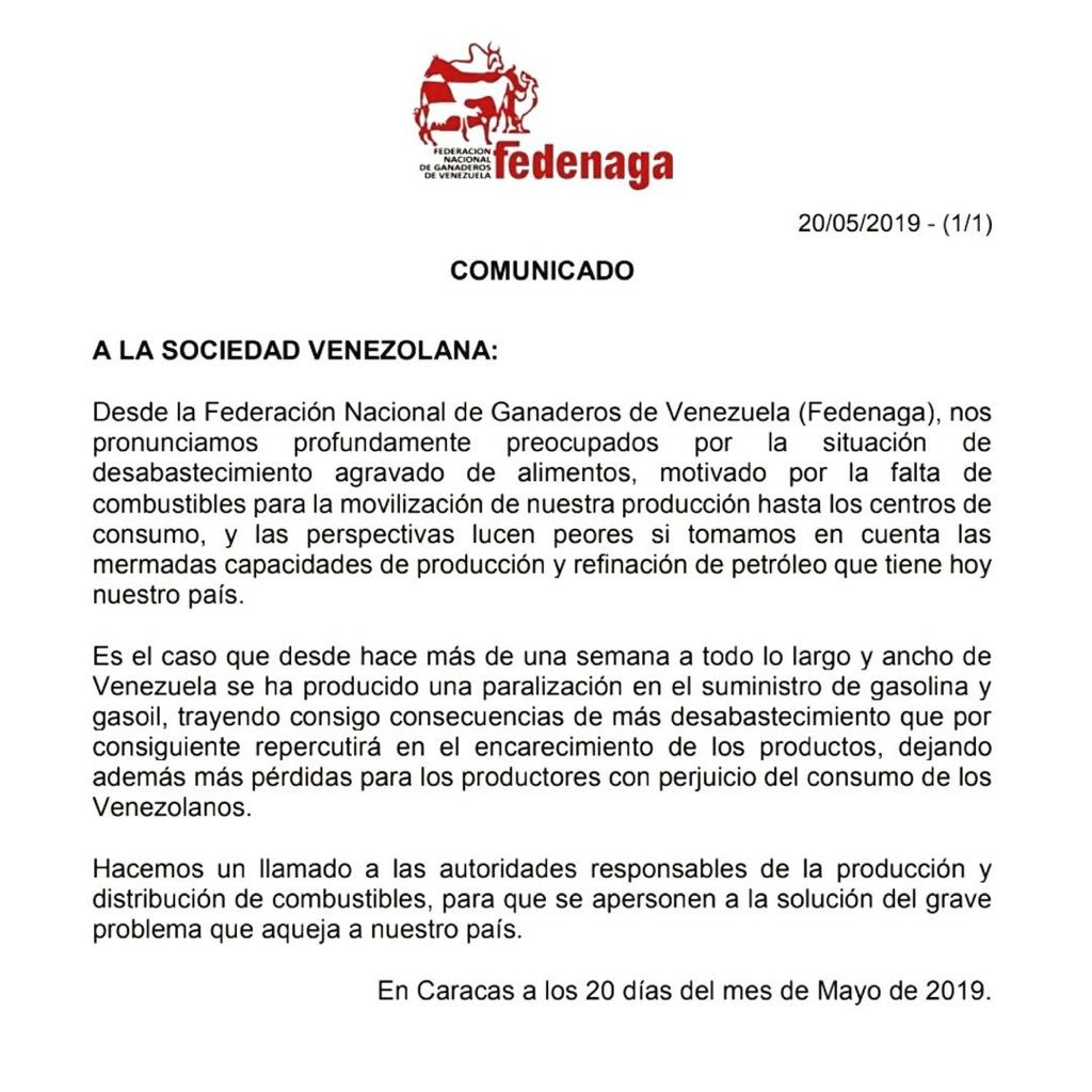 ricardoreilly's tweet photo. Según comunicado de ganaderos venezolanos (Fedenaga), en su país escasea el combustible para trasladar la producción. Además del desabastecimiento agravado de alimentos, se suma el del combustible para su distribución. País productor de petróleo. https://t.co/XeH3erOeG6