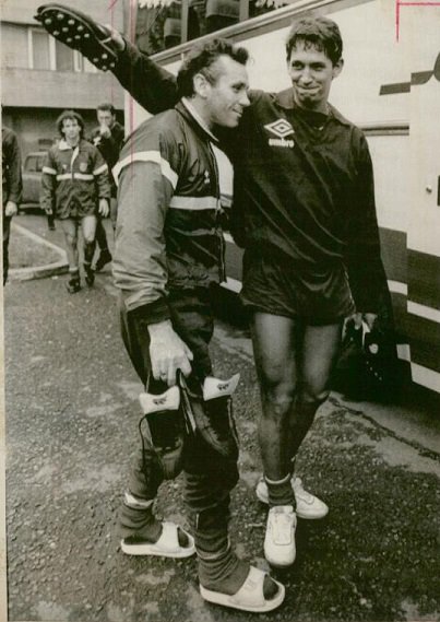 Peter Reid and Gary Lineker  take a break from England's secret training session in Belgrade (against Yugoslavia) Nov 1987-Daily Telegraph  #EFC