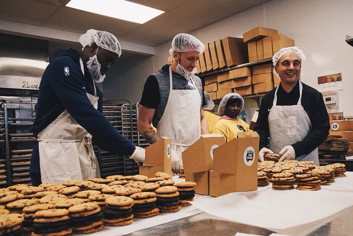 Timberwolves's tweet image. Celebrating Coach’s first day by volunteering at The Cookie Cart 🍪