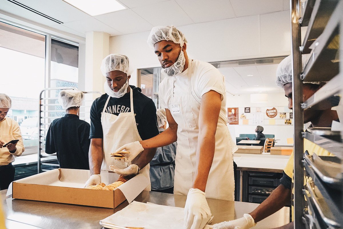 Timberwolves's tweet image. Celebrating Coach’s first day by volunteering at The Cookie Cart 🍪