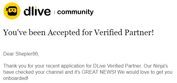 shepler86's tweet photo. It's happened!! Verified Partner! Be sure to follow the page and of course come watch @ https://t.co/3m5QdP6dpp #DLive @OfficialDLive https://t.co/YYhfQJT3j3