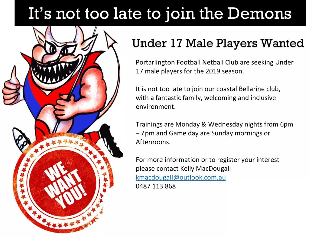 Portarlington Demons FNC (@portdemonsfnc) on Twitter photo We are still looking for players to join our Under 17s footy team for the 2019 AFL Barwon season.
If you are interested in playing or know someone that is, please contact Kelly Macdougall on the flyer below and come join the mighty red and blue! We are still looking for players to join our Under 17s footy team for the 2019 AFL Barwon season.
If you are interested in playing or know someone that is, please contact Kelly Macdougall on the flyer below and come join the mighty red and blue!
