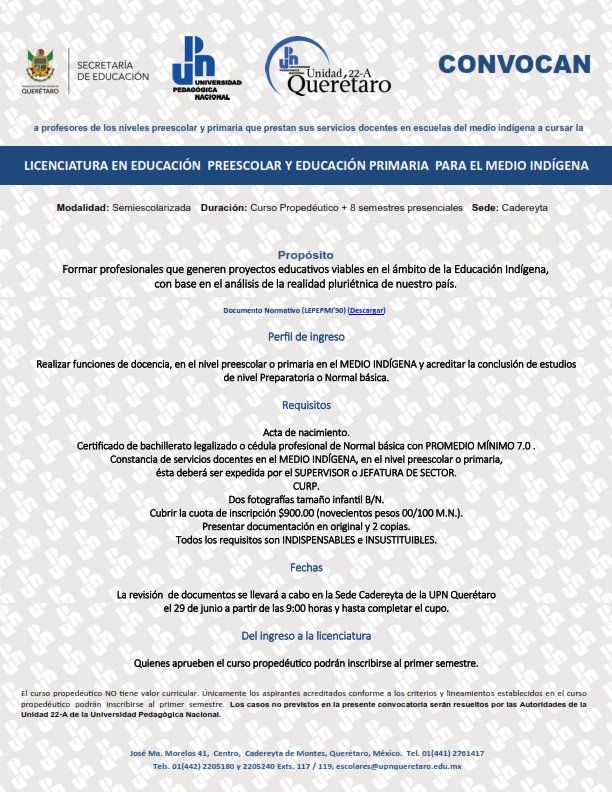 upnqueretaro's tweet photo. Convocatoria nuevo ingreso LEPEPMI'90 Sede Cadereyta de Montes en la siguiente liga. #nuevoingreso #upnqueretaro #LEPEPMI
https://t.co/6o0g7rKhya https://t.co/K0sn9dcyHz