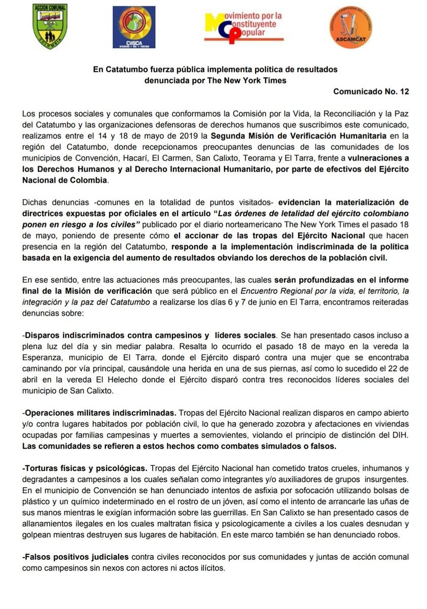 ComisionVRPC's tweet photo. Comunicado público| En Catatumbo fuerza pública implementa política de resultados denunciada por @caseysjournal en @nytimes
Así nos lo denunciaron comunidades en 2da misión de verificación de ddhh en la región

https://t.co/MKACYqu9QQ https://t.co/VcUhtpvyZR