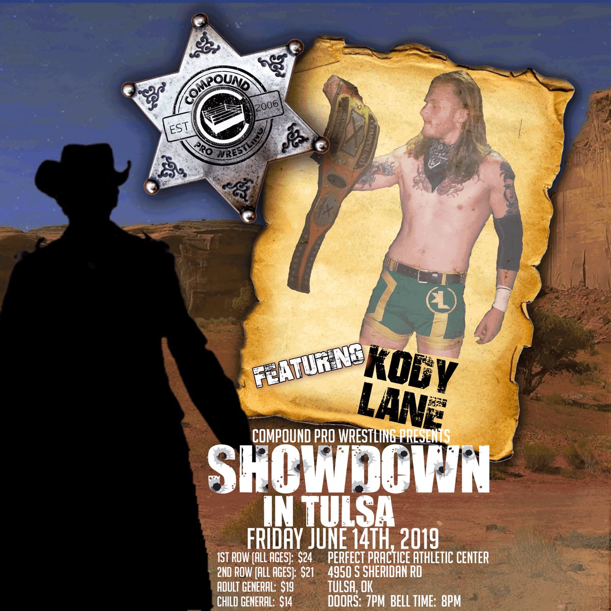 Compoundpw's tweet photo. .@Kody1Lane will be competing at #CompoundProWrestling Presents: SHOWDOWN IN TULSA Friday June 14th, 2019 will call tickets are already selling quick and only a few FRONT ROW seats left.  Get your will call tickets now at https://t.co/ToyIxR348t https://t.co/qw1yc8sjhd