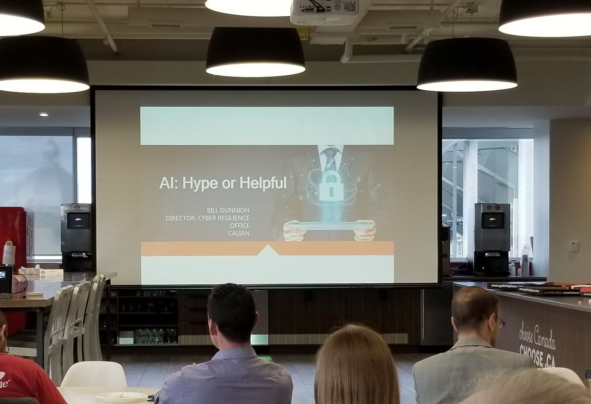 praxiem's tweet photo. Great turnout at #ottawa #cybersecurity meetup hosted by @ciranews ... championed by @BluinkLtd and @CalianGroup  ... interestingly starting off with overview of #ai by @bdunnion https://t.co/IKYP62qxri