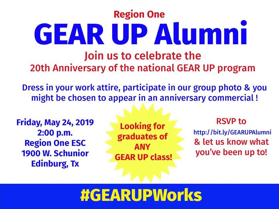 RegionOneGEARUP's tweet photo. Calling all Region One GEAR UP graduates - we want to know what you've been up to since graduation! Join our GEAR UP Alumni group and be sure to come on out for our GEAR UP anniversary photo shoot on 5/24! https://t.co/s6HWa8qKxa https://t.co/MC6Ub5rYf7