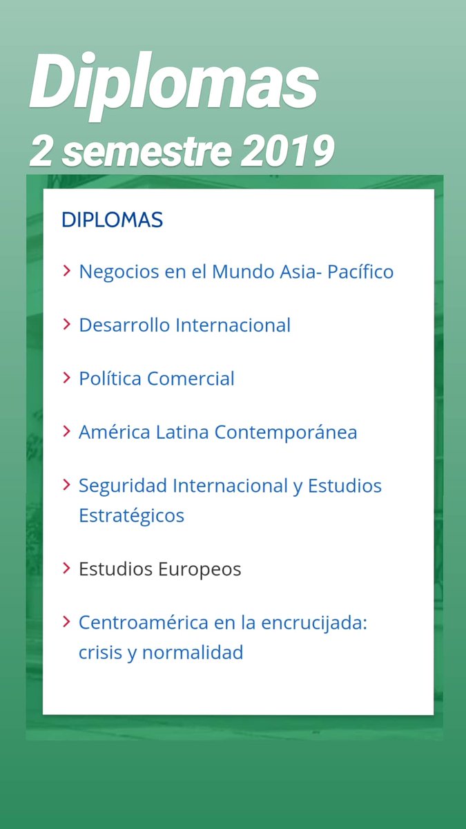 ieiuchile's tweet photo. Ya están abiertas las inscripciones para los Diplomas IEI Segundo Semestre 2019.

#Desarrollo #Internacional
#Política #Comercial
#América #Latina
#Europa
#Asia 
#Seguridad

Visita nuestra pg web https://t.co/GZiju8yzyz para más detalles

#uchile https://t.co/Xs66yxqfdP