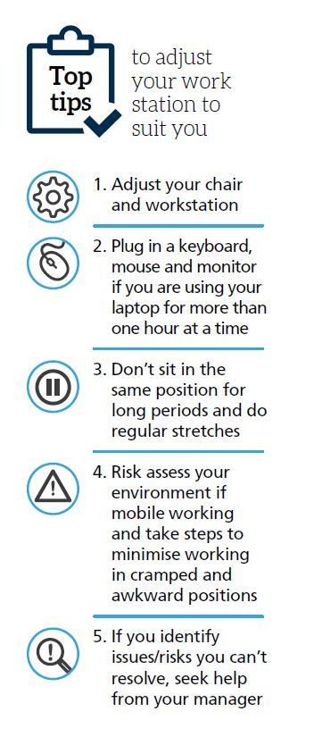 SolentNHSTrust's tweet photo. Sitting at your desk for long periods of time can effect your bones, joints and muscles. Try these top tips to prevent injuries at work... #MSK #HealthierMeAtWork https://t.co/ETligBvQll