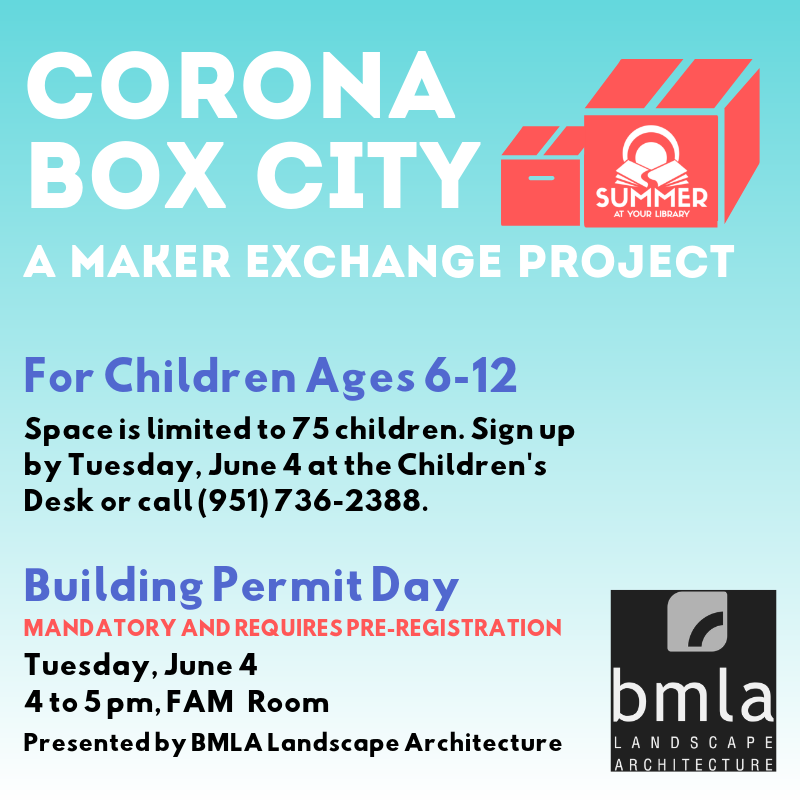 coronalibrary's tweet photo. Children ages 6-12 are invited to join in the creation of Corona Box City! This is a seven-week project in which a scale model cardboard city is constructed. Space is limited to the first 75 children. Sign-up by Tuesday, June 4.
#SAYL #coronapubliclibrary #coronalars https://t.co/Lq2C17qjfM