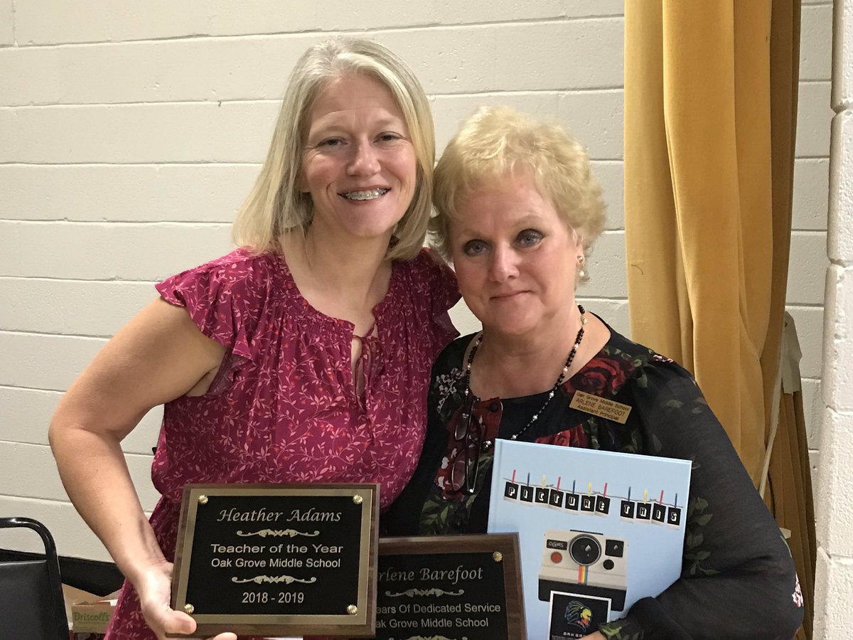 OGMSWarriors's tweet photo. We honored Heather Adams, who was named Teacher of the Year, and Arlene  Barefoot, who is retiring, during 6th Grade Awards Day today...#As1LCSD #OGMSTogether https://t.co/NKAMbJBKIi